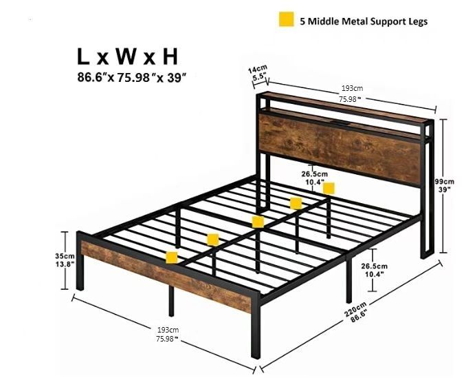 King Size Metal Platform Bed Frame With Wooden Headboard And Footboard With USB Liner, No Box Spring Needed, Large Under Bed Storage - Brown