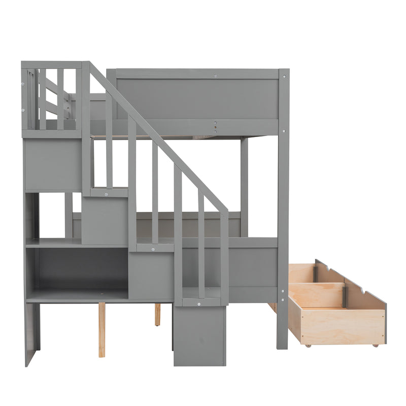 Twin over Full Bunk Bed with Shelfs, Storage Staircase and 2 Drawers, Gray