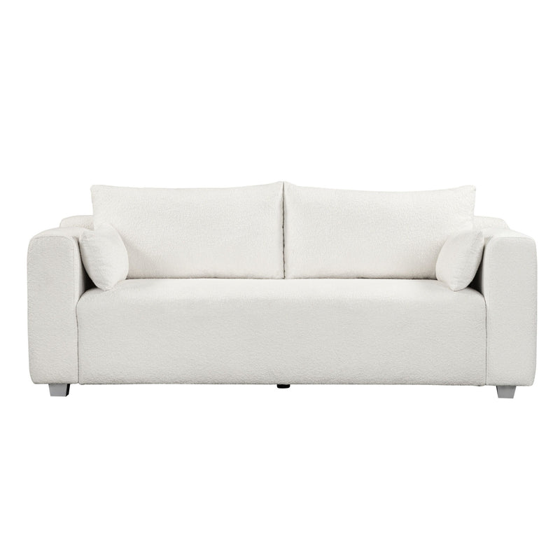 Modern Loop Yarn Sofa, One Piece Seat Frame, Minimalist 2-3 Seat Couch Easy To Install, Loveseats With Extra Wide Domed Arms For Living Room (2 Pillows) - White