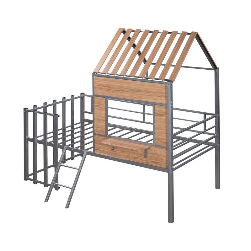 Twin Size Loft Bed With Roof, Window, Guardrail, Ladder