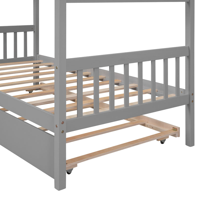 Twin Size Wooden House Bed With Twin Size Trundle - Gray