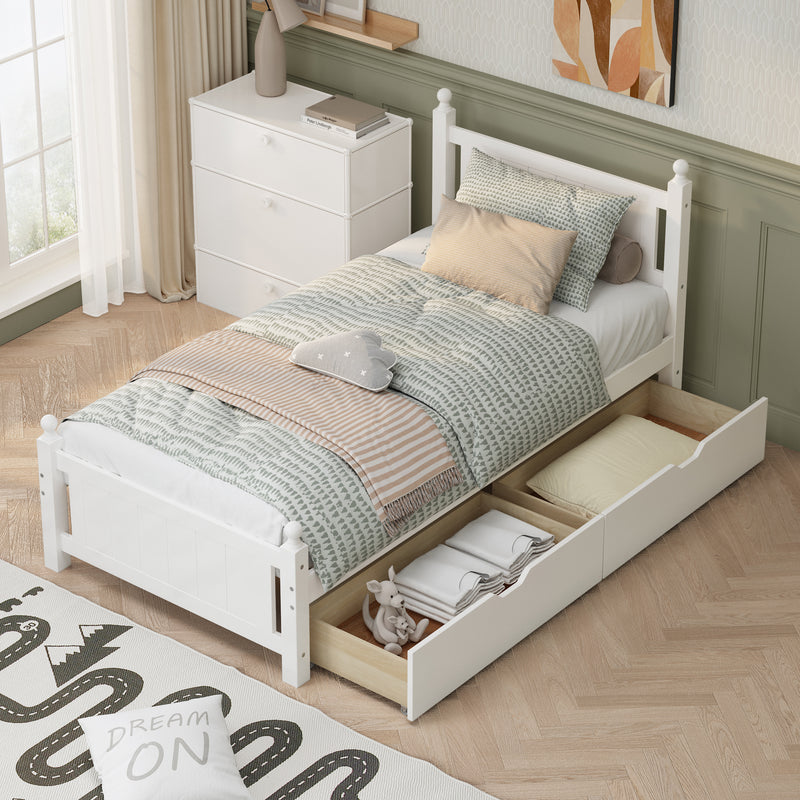 Twin Size Solid Wood Platform Bed Frame with 2 drawers for Limited Space Kids, Teens, Adults, No Need Box Spring, White