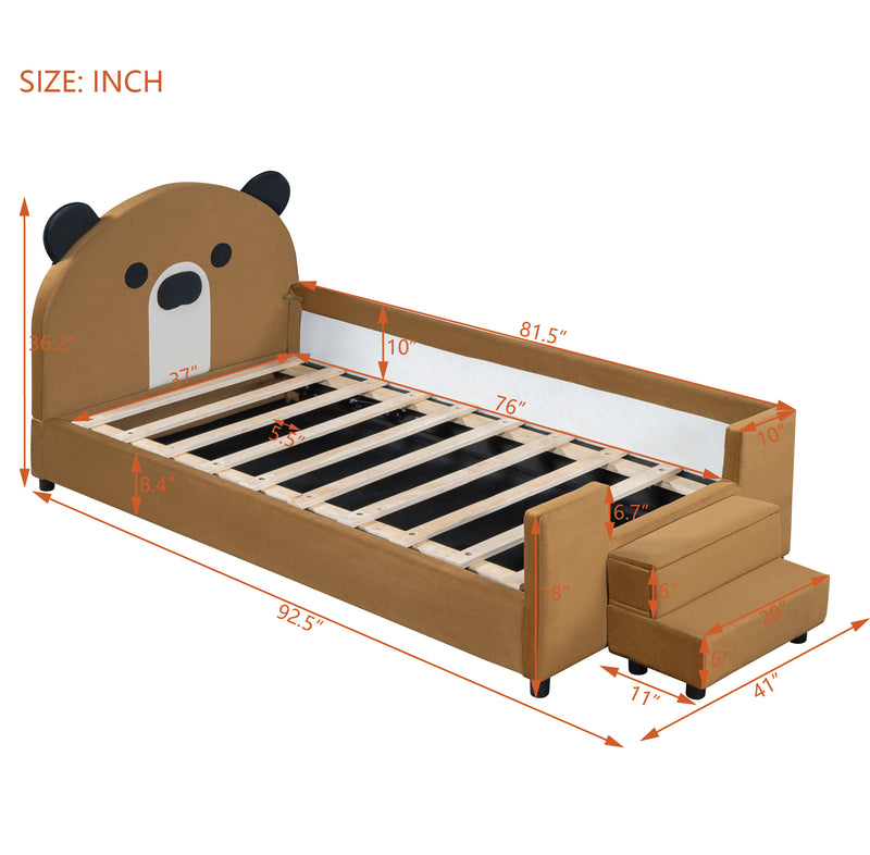 Twin Size Upholstered Daybed with Bear Shaped Headboard, Hydraulic System and Breathable Mesh Fence, Brown