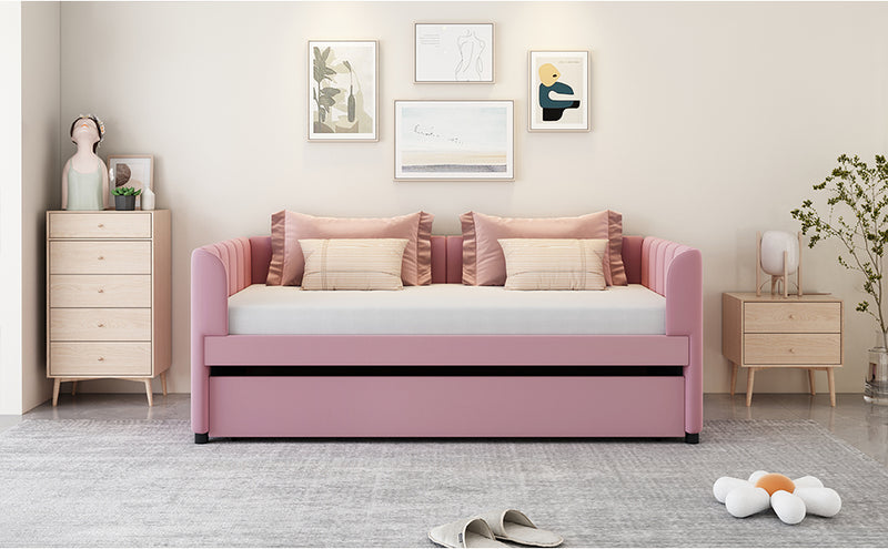 Twin Size Upholstered Daybed with Ergonomic Design Backrest and Trundle, Pink