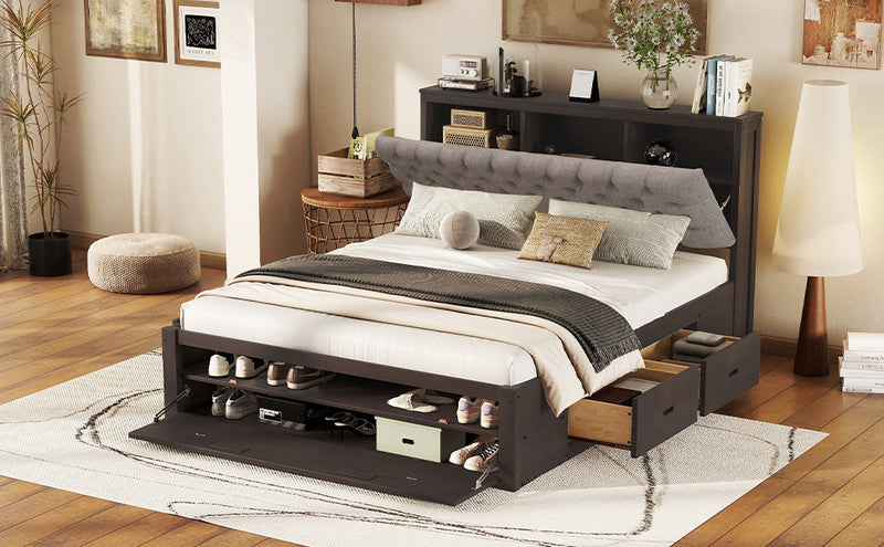 Wood Queen Size Platform Bed with Storage Headboard, shoe rack and 4 drawers,Espresso