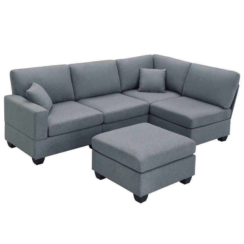 Modern Sectional Sofa, 5-Seat Modular Couch Set With Convertible Ottoman, L-Shape Linen Fabric Corner Couch Set With 2 Pillows For Living Room, Apartment, Office