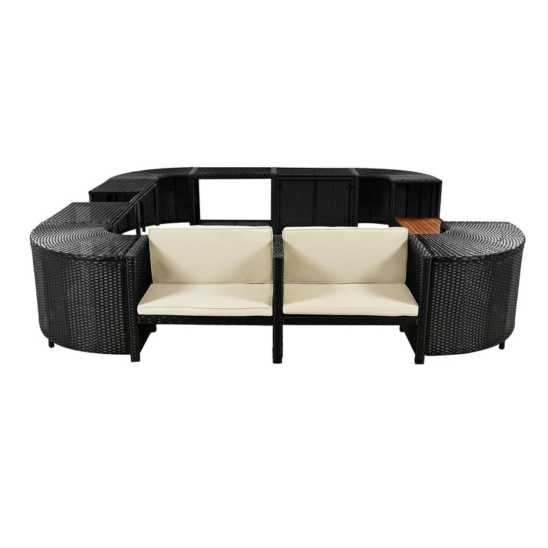 Spa Surround Spa Frame Quadrilateral Outdoor Rattan Sectional Sofa Set With Mini Sofa, Wooden Seats And Storage Spaces