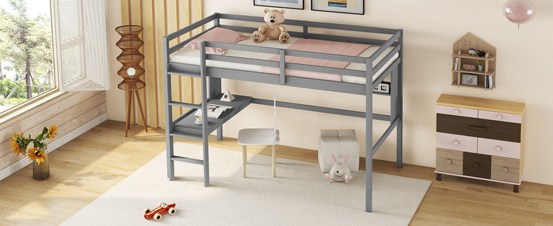 Loft Bed With Desk And Shelves, Safety Guardrail And Ladder