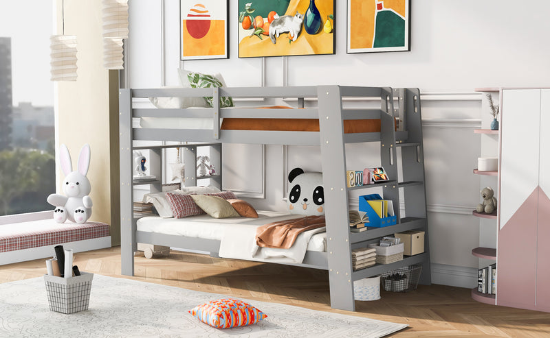 Twin over Twin Bunk Bed with Shelves and Built-in Ladder, Gray