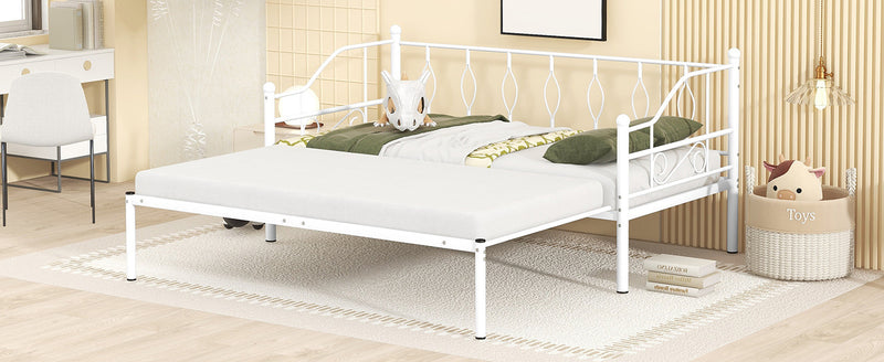 Twin Size Metal Daybed with Trundle, Daybed with Slat No Box required White