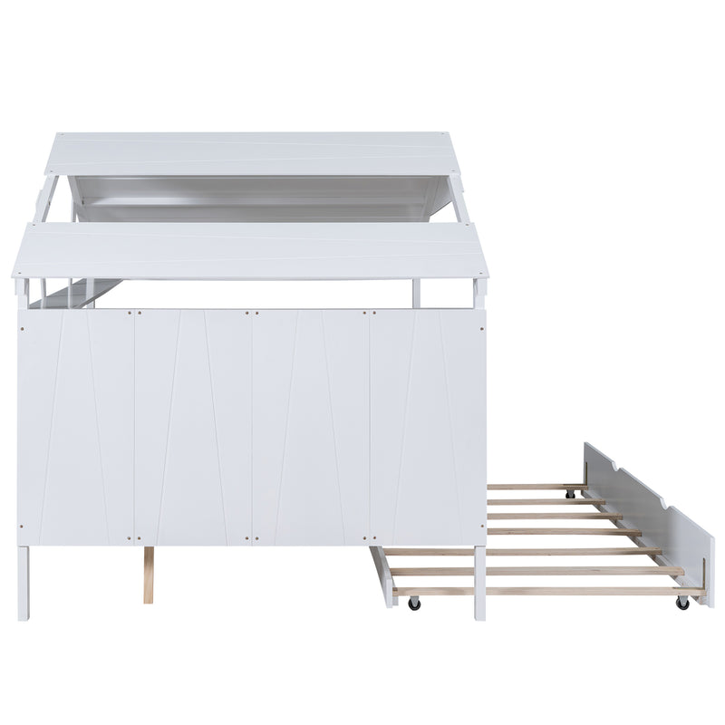 Wood Full Size House Bed with Twin Size Trundle and Storage, White