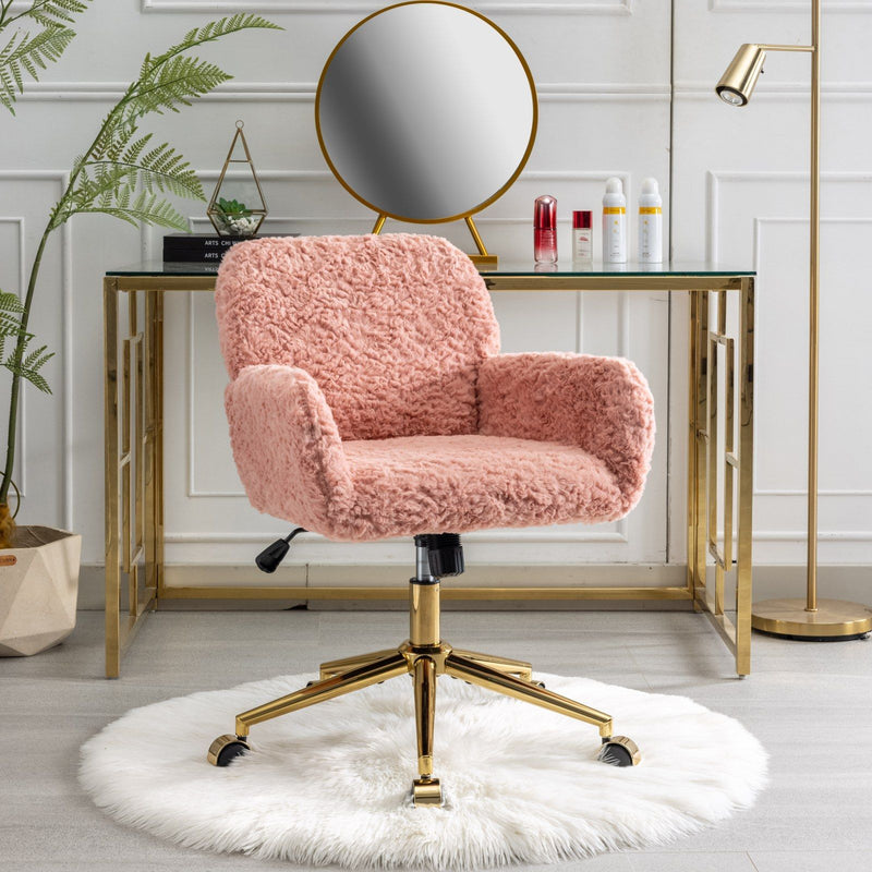 Office Chair, Artificial Rabbit Hair Home Office Chair With Golden Metal Base, Adjustable Desk Chair Swivel Office Chair, Vanity Chair