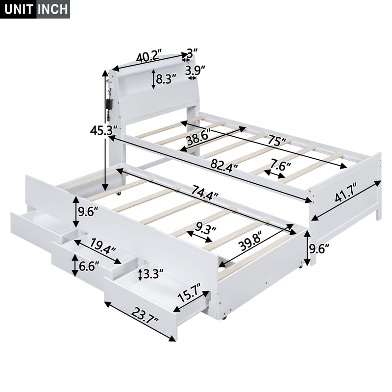 Twin Size Platform Bed with Storage LED Headboard, Twin Size Trundle and 3 Drawers, White