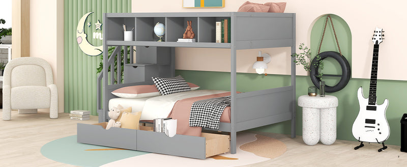 Twin over Full Bunk Bed with Shelfs, Storage Staircase and 2 Drawers, Gray