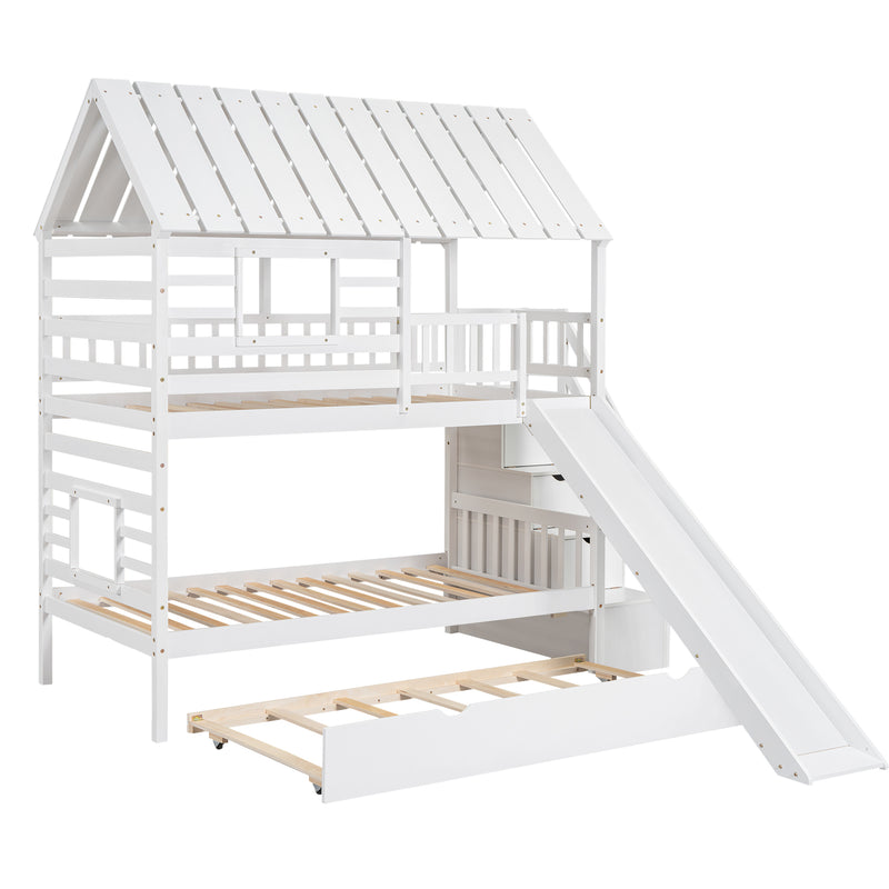 Twin over Twin House Bunk Bed with Trundle and Slide, Storage Staircase, Roof and Window Design, White(Old SKU: GX000931AAK)