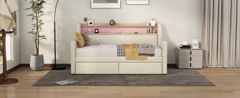 Twin Size Daybed with Storage Drawers, Upholstered Daybed with Charging Station and LED Lights, Beige (Expect arrive date: December 30th.)