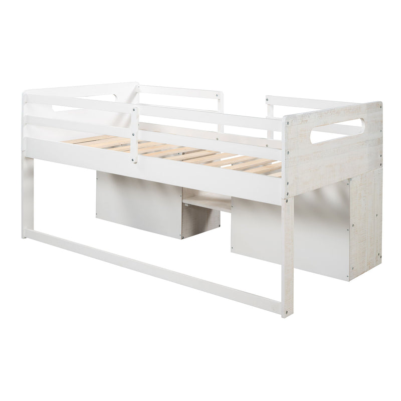 Twin Size Loft Bed With Two Shelves And Two Drawers