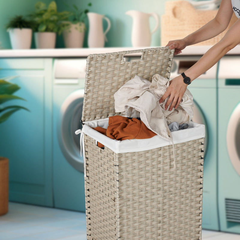 Laundry Hamper With Lid PE Rattan Powder Coating Frame Clothes Hampers With 2 Removable Bags