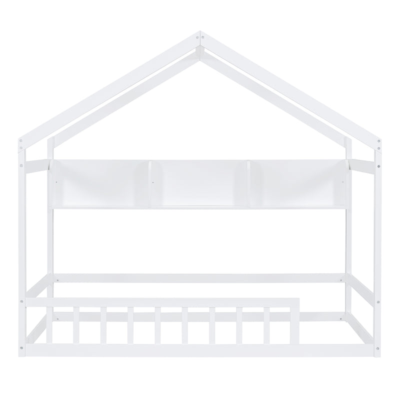 Wooden Twin Size House Bed with Storage Shelf,Kids Bed with Fence and Roof, White