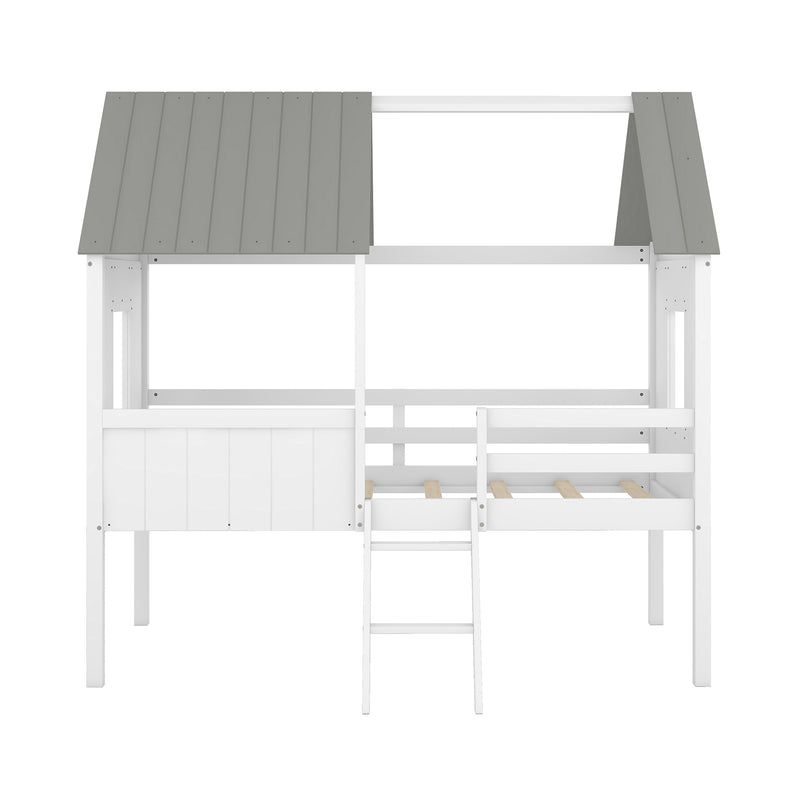 Twin Size Low Loft Wood House Bed with Two Side Windows  (White+Gray)(OLD SKU: LP000037AAE)