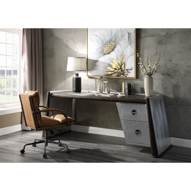 Brancaster - Desk - Distress Chocolate Top Grain Leather & Aluminum