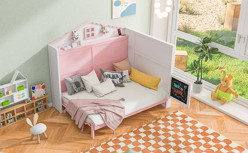 Wood Full Size House Murphy Bed with USB, Storage Shelves and Blackboard, Pink+White