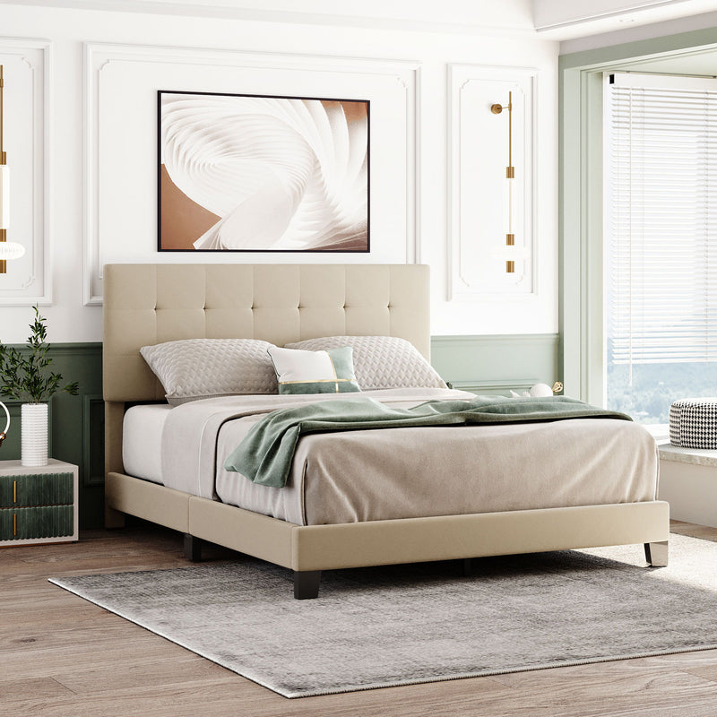 Queen Size Upholstered Platform Bed With Tufted Headboard, No Box Spring Needed - Beige