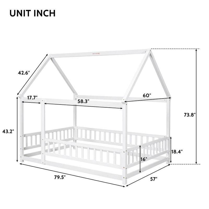 Floor Wooden Bed With House Roof Frame, Fence Guardrails