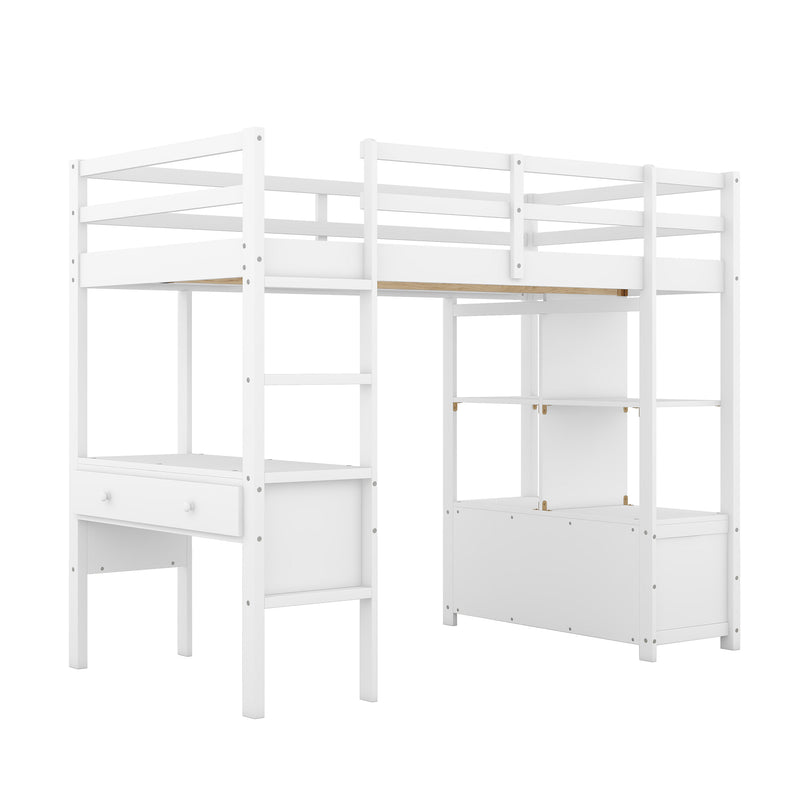 Twin  Size Loft Bed with Built-in Desk with Two Drawers, and Storage Shelves and Drawers,White