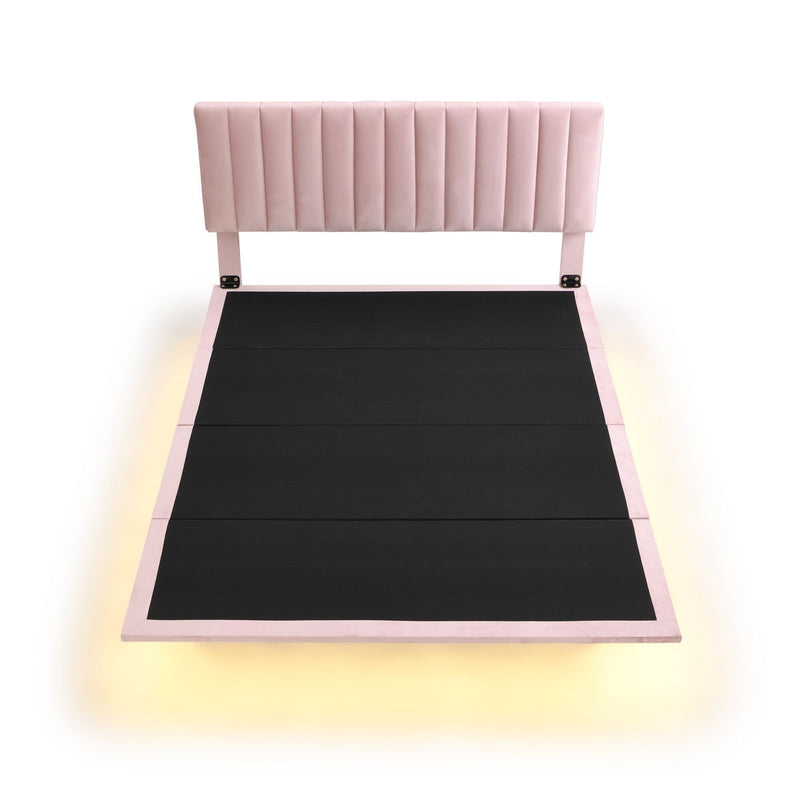 Queen Size Upholstered Bed With Sensor Light And Headboard, Floating Velvet Platform Bed - Pink