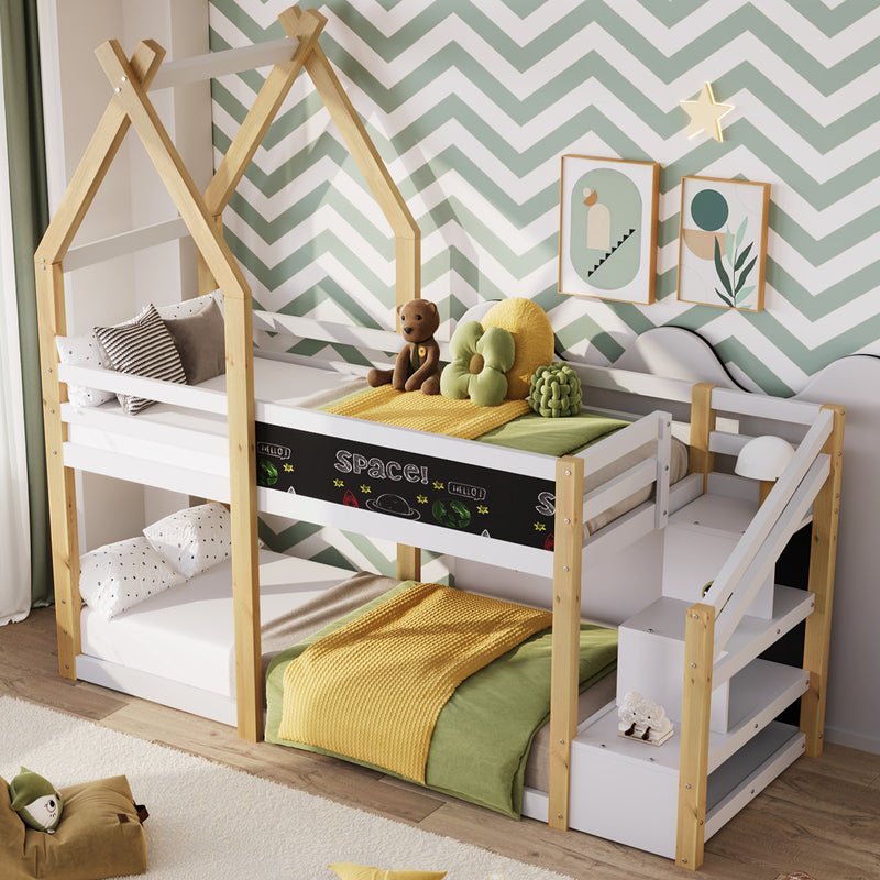 Twin over Twin House Bunk Bed with White Storage Staircase and Blackboard, White and Natural