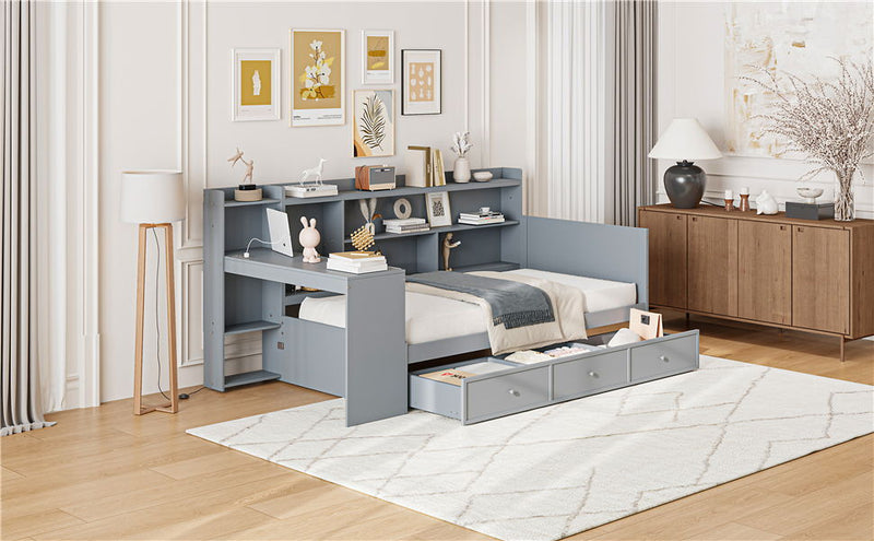 Twin Size Wooden Daybed With 3 Drawers, USB Ports And Desk - Gray