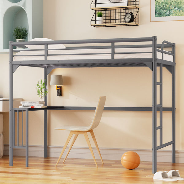 Twin Metal loft Bed with Desk, Ladder and Guardrails, bookdesk under bed, Silver