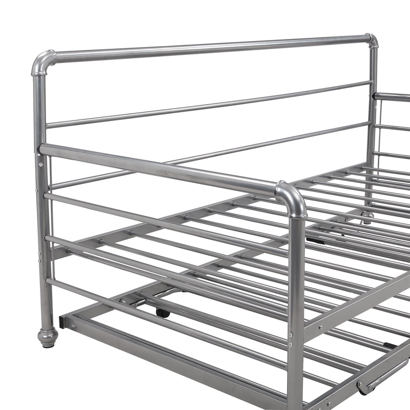 Twin Size Daybed with Adjustable Trundle, Pop Up Trundle, Silver