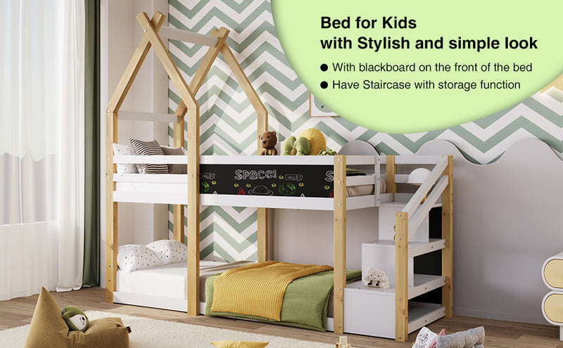 Twin over Twin House Bunk Bed with White Storage Staircase and Blackboard, White and Natural