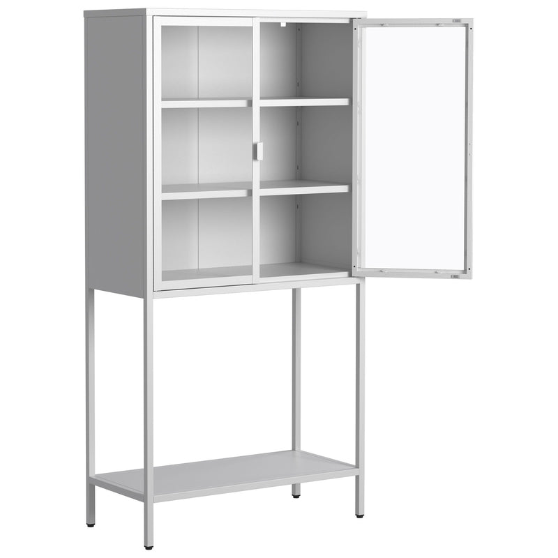 Heavy Duty Metal Storage Cabinet, Display Storage Cabinet With Glass Doors And 2 Adjustable Shelves, Tall Bookcase Modern Bookshelf Cabinet For Home Office, Living Room, Pantry - White