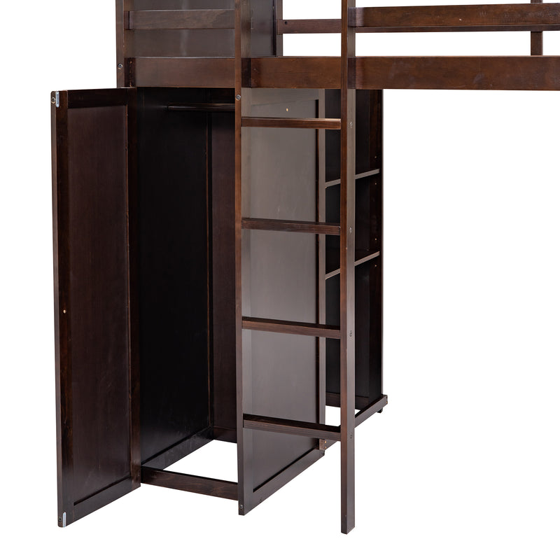 Twin size Loft Bed with a Stand-alone bed, Shelves,Desk,and Wardrobe-Espresso