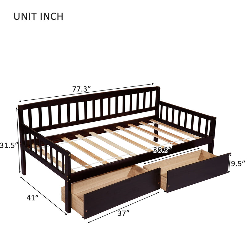 Pine Wood Daybed With Two Storage Drawers, Sofa Bed With Bed Platform Of 10 Support Slats