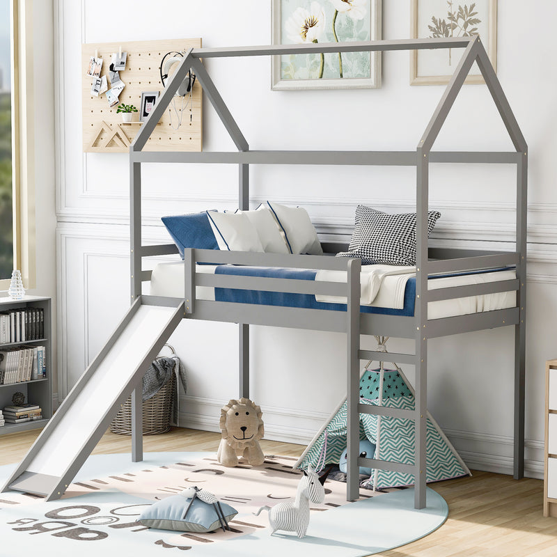 Twin Loft Bed with Slide, House Bed with Slide,Gray(OLD SKU :WF286245AAE)