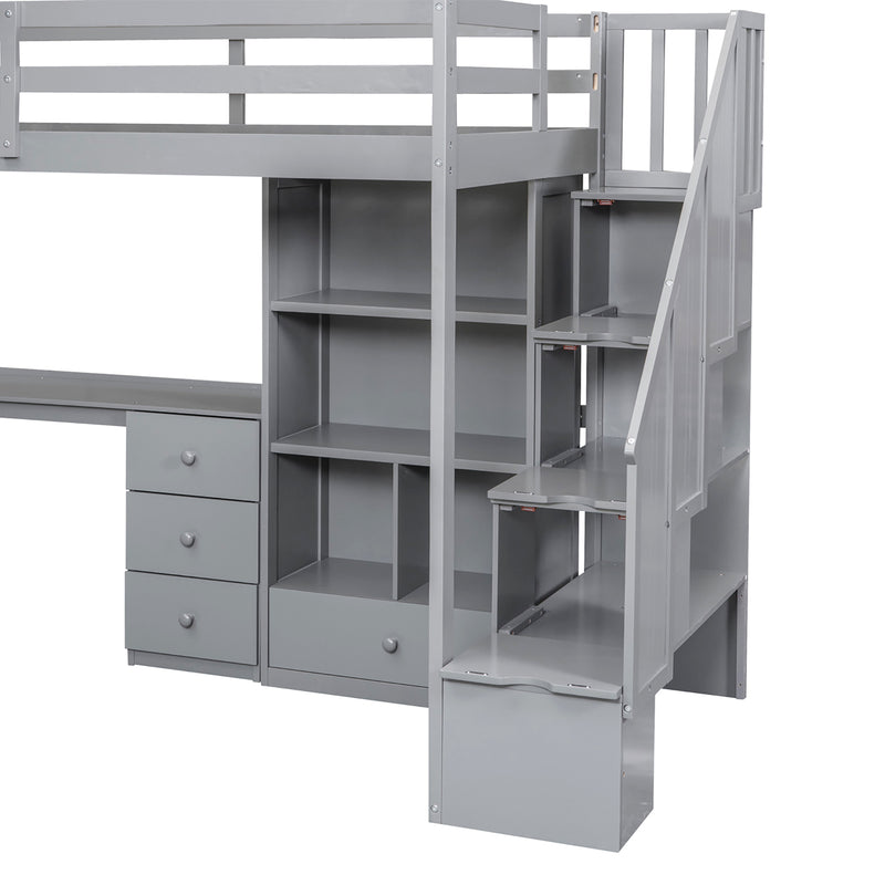 Twin Size Loft Bed with L-Shaped Desk and Drawers, Cabinet and Storage Staircase, Gray