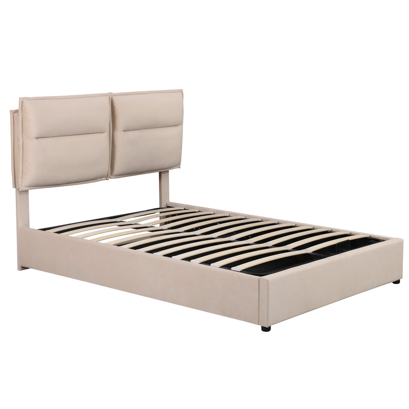 Upholstered Platform bed with a Hydraulic Storage System, Full size, Beige