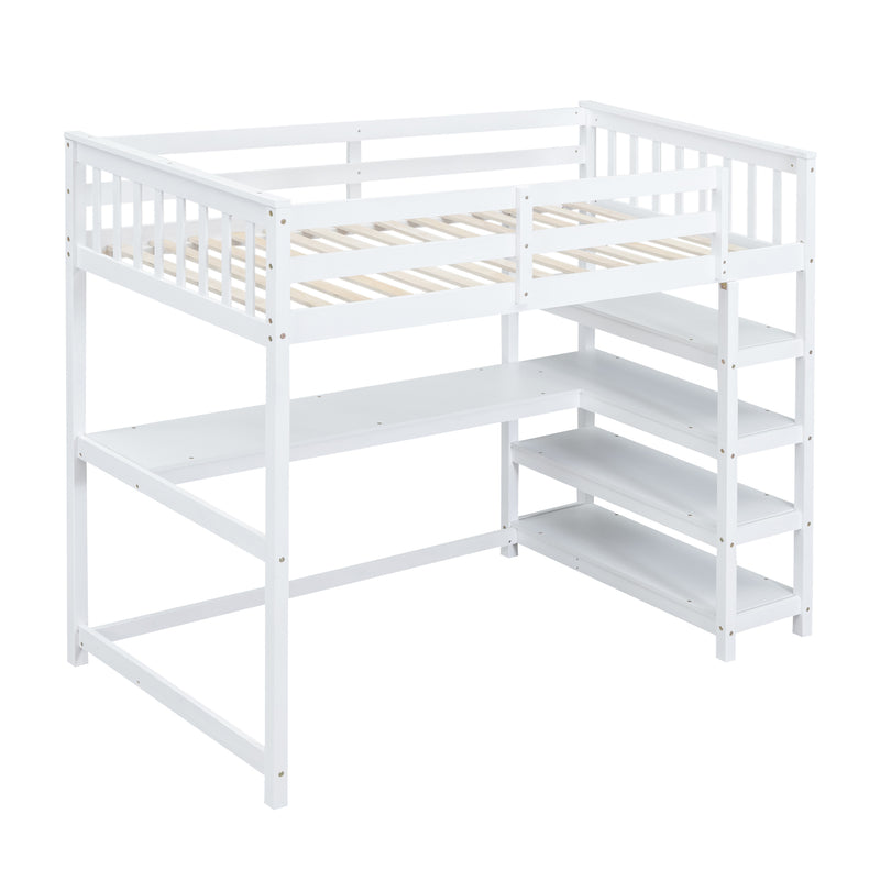 Twin Size Loft Bed with Storage Shelves and Under-bed Desk, White