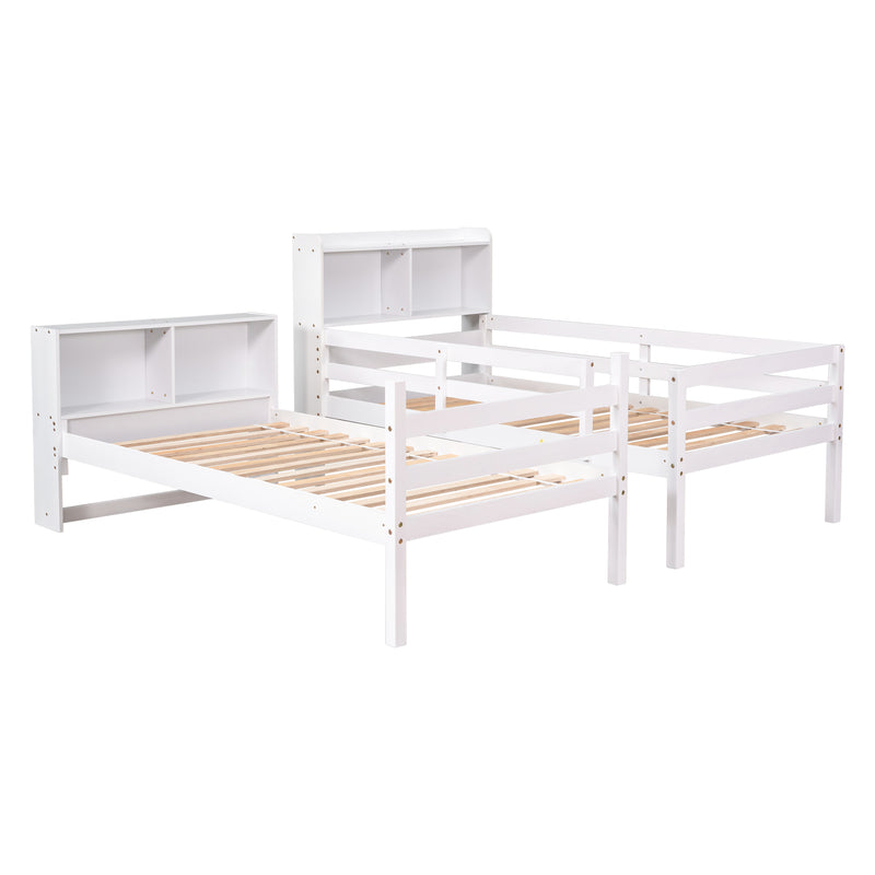 Twin Over Twin Bunk Beds with Bookcase Headboard, Solid Wood Bed Frame with Safety Rail and Ladder, Kids/Teens Bedroom, Guest Room Furniture, Can Be converted into 2 Beds, White