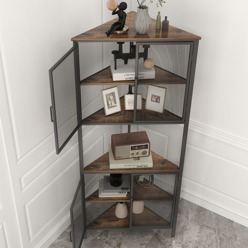 5 Tier Shelves With Metal Mesh Door, Bookcase Storage Shelf Corner Shelf For Small Space, Living Room - Black / Brown