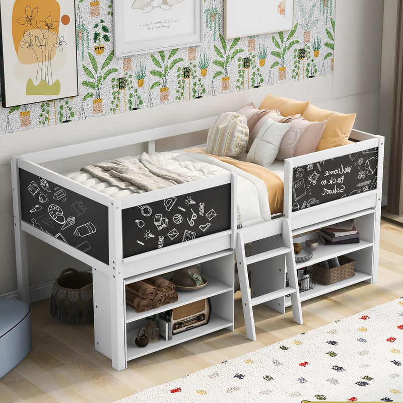 Twin Size Low Loft Bed with Two Movable Shelves and Ladder,with Decorative Guardrail Chalkboard,White(Old SKU: WF283286AAK)