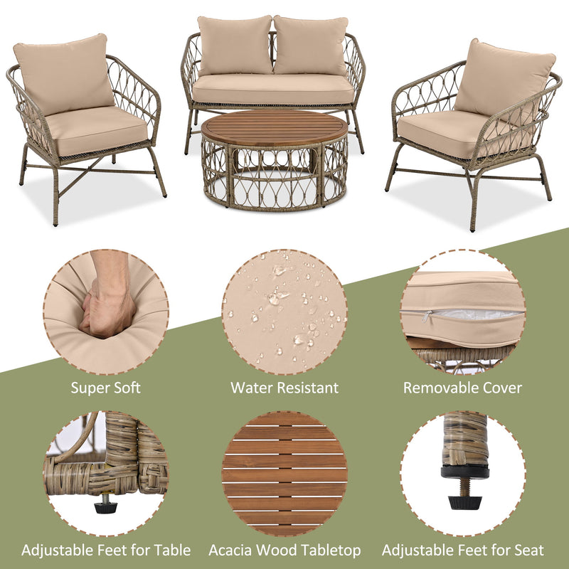 Bohemia-Inspired 4 Person Outdoor Seating Group With Removable Cushions, Conversation Patio Set With Wood Tabletop - Beige