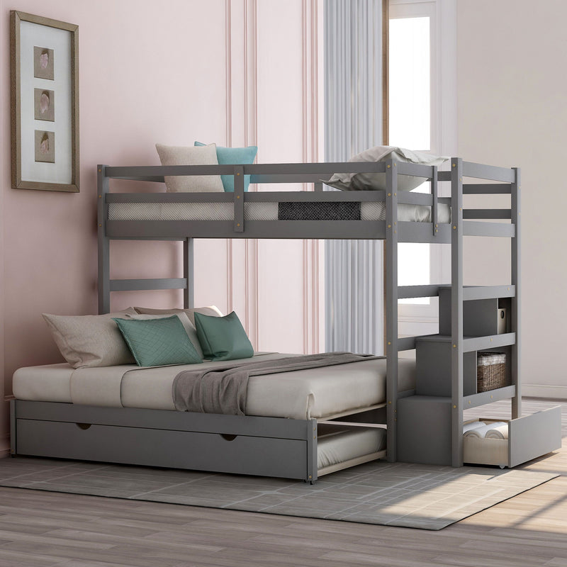 Twin Over Twin / King (Irregular King Size) Bunk Bed With Twin Size Trundle, Extendable Bunk Bed - Gray