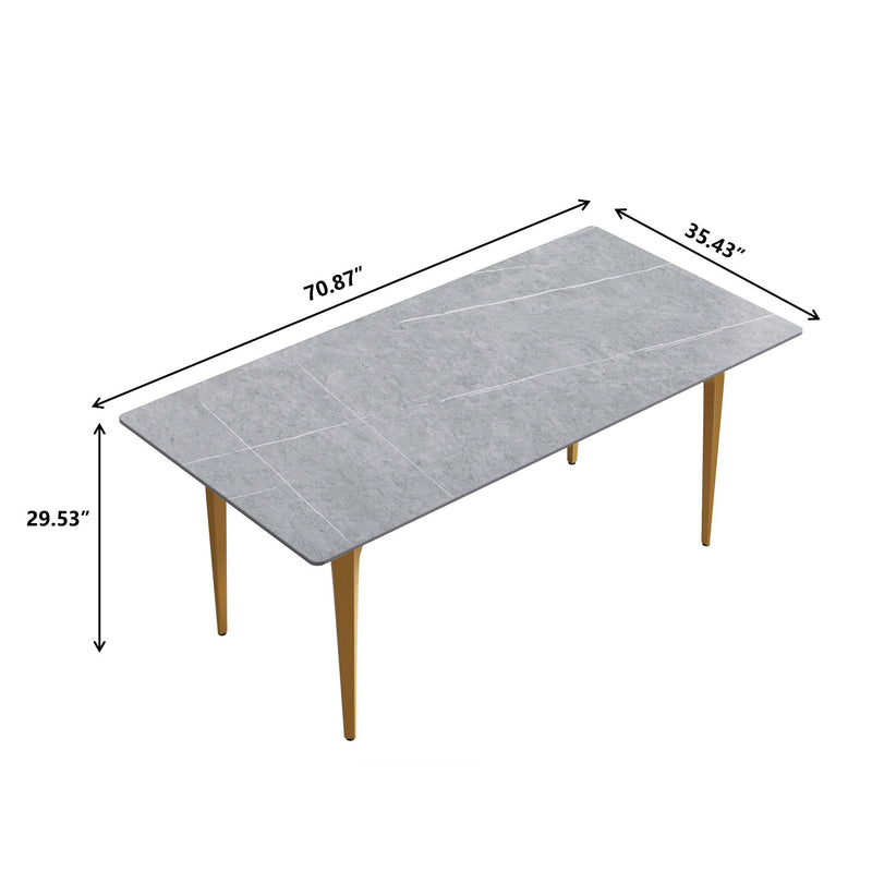 70.87" Modern Artificial Stone Gray Straight Edge Golden Metal Leg Dining Table, Can Accommodate 6-8 People - Gray