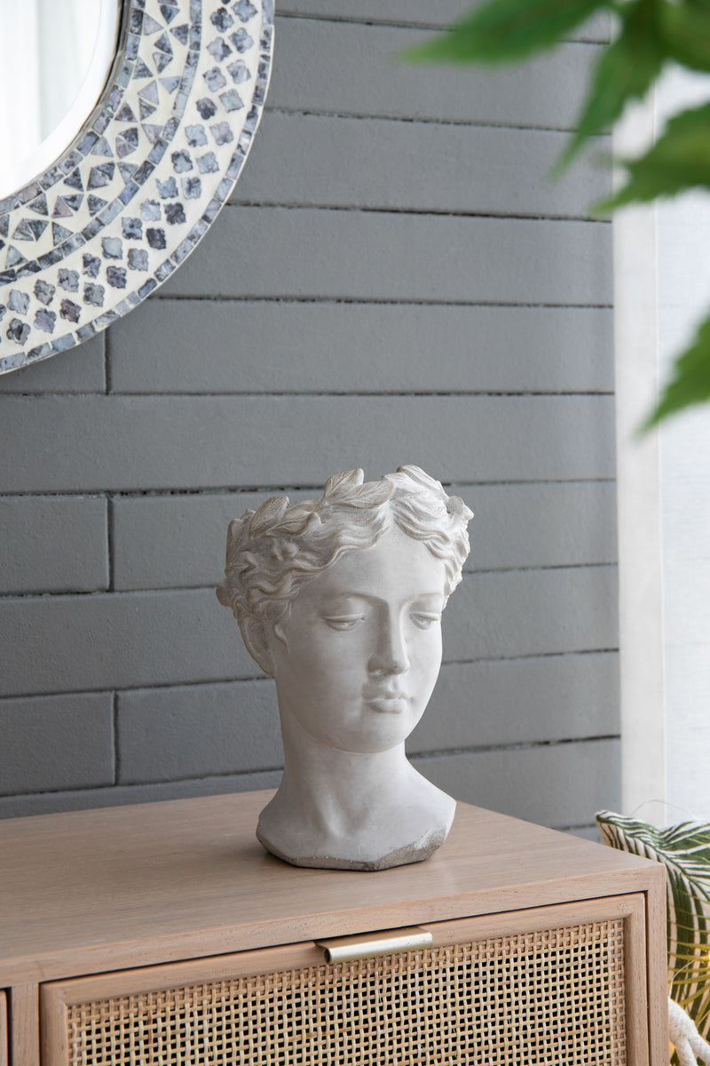 Greek Style Cement Head Planter Indoor Outdoor Home Garden Decor - Gray