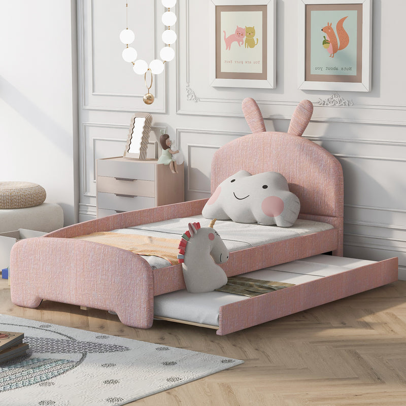 Twin Size Upholstered Platform Bed with Cartoon Ears Shaped Headboard and Trundle, Pink